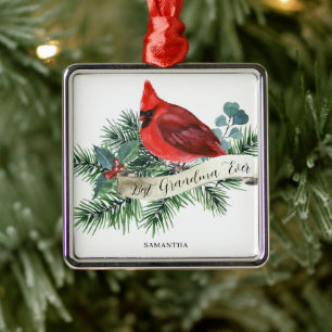 Ornement Carré Argenté Meilleure grand-mère Noël Cardinal rouge Nom