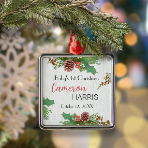 Ornement Carré Argenté Meilleure photo de cadeau de Noël pour bébé rustiq
