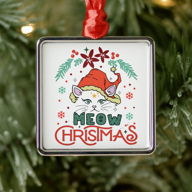 Ornement Carré Argenté Meow Christmas, Merry Christmas (Arbre)