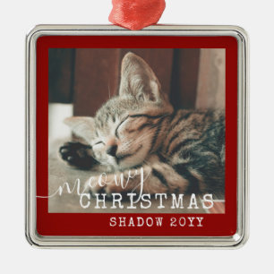 Ornement Carré Argenté Meowny Noël Rustique Rouge Argent