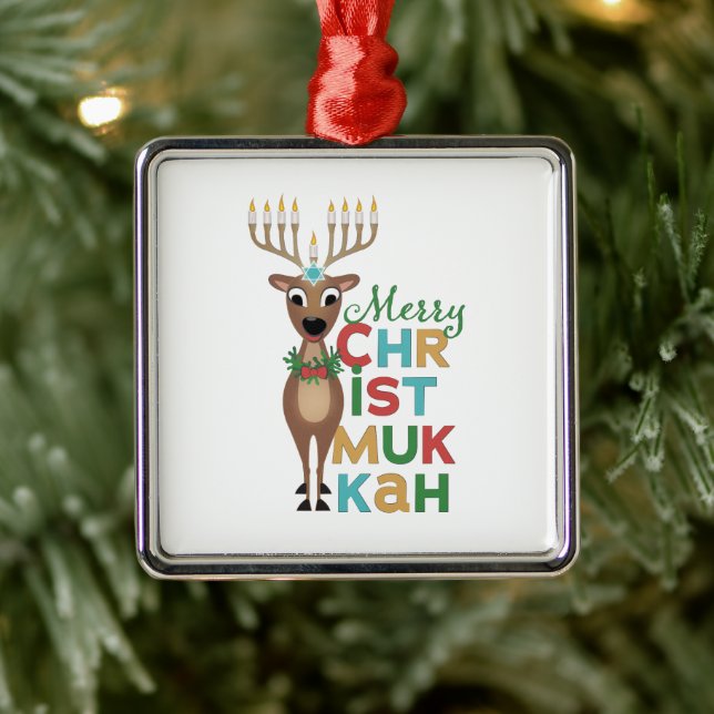 Ornement Carré Argenté Merry Christmukkah Reindeer (Arbre)