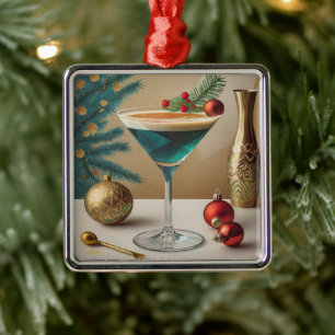 Ornement Carré Argenté Mi-Siècle Cocktail de Noël Fête Happy Hour