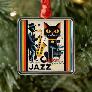 Ornement Carré Argenté Mi siècle Jazz Age HepCat Chat Noir
