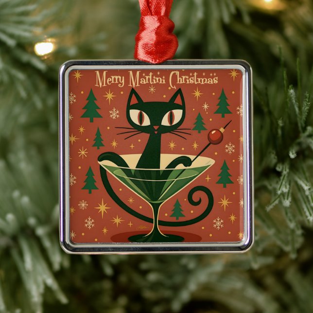 Ornement Carré Argenté Mid Century Black Cat Merry Martini Christmas (Arbre)