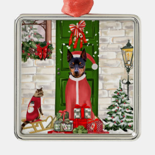 Ornement Carré Argenté Miniature Pinscher Chien Noël