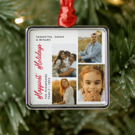 Ornement Carré Argenté Minimal Happiest Holidays Script Family 4 Photos