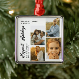 Ornement Carré Argenté Minimal Happiest Holidays Script Family 4 Photos