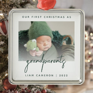 Ornement Carré Argenté Minimaliste Photo Premier Noël des grands-parents 