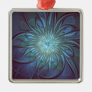 Ornement Carré Argenté Moderne Abstrait tendance Fleur bleue Fractal Art