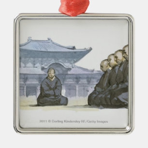 Ornement Carré Argenté Moines de bouddhiste zen se mettant à genoux en