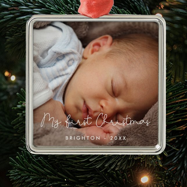 Ornement Carré Argenté Mon premier bébé de Noël photo (Créateur téléchargé)