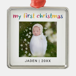 Ornement Carré Argenté Mon premier bébé de Noël photo colorée mignonne
