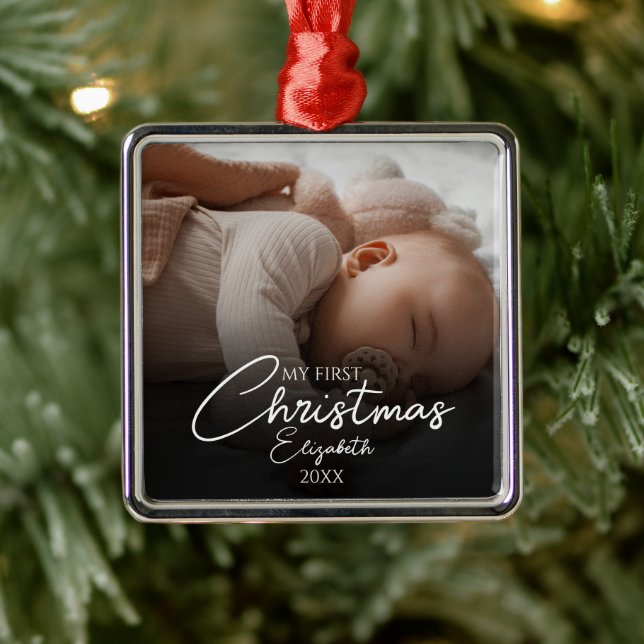 Ornement Carré Argenté Mon premier Noël Baby Photo Élégant Script (Arbre)