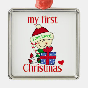 Ornement Carré Argenté Mon premier Noël Je Suis Amoureux