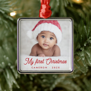 Ornement Carré Argenté Mon premier Noël photo bébé nom année complète
