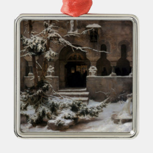 Ornement Carré Argenté Monastère en Neige d'hiver (par Karl Laling)