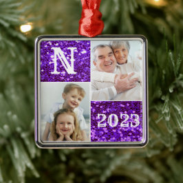 Ornement Carré Argenté Monogramme Parties scintillant violet photo Noël