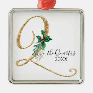 Ornement Carré Argenté Monogramme Q Parties scintillant d'or Noël Holly F