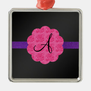 Ornement Carré Argenté Monogramme rose noir de roses