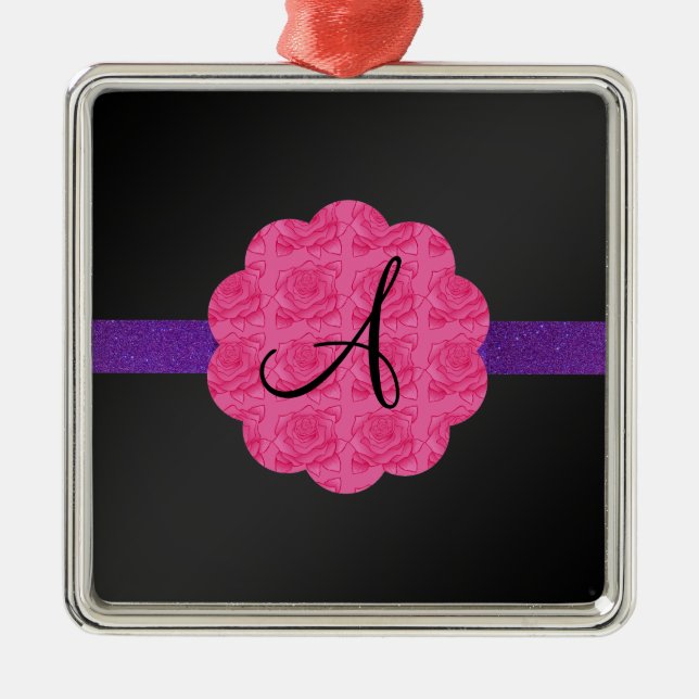 Ornement Carré Argenté Monogramme rose noir de roses (Devant)