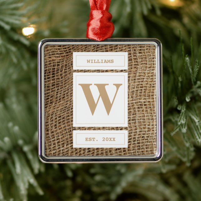 Ornement Carré Argenté Monogramme Russe de Burlap initial (Arbre)