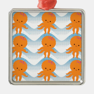 Ornement Carré Argenté Motif Octopus Orange Et Vagues Bleues