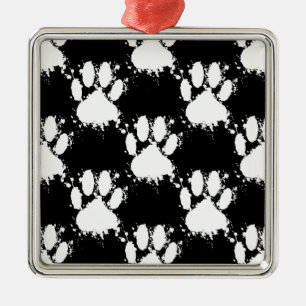 Ornement Carré Argenté Motif Paw Chien Blanc Avec Paint Splatter