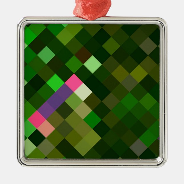 Ornement Carré Argenté Motif Pixelé - Vert (Devant)