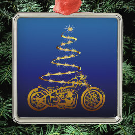 Ornement Carré Argenté moto noël arbre or et bleu