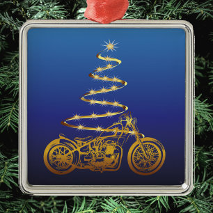 Ornement Carré Argenté moto noël arbre or et bleu