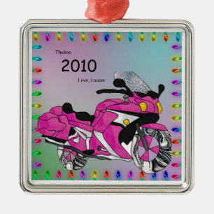 Ornement Carré Argenté Moto rose en verre souillé