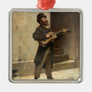 Ornement Carré Argenté Musicien de rue avec guitare (par Gerolamo Induno)