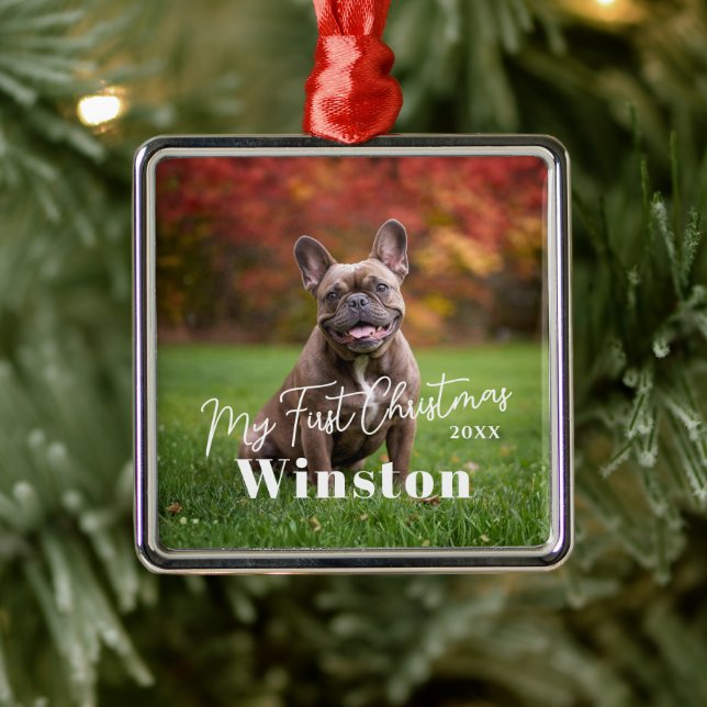 Ornement Carré Argenté My First Christmas Custom Pet Name Photo (Arbre)