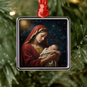 Ornement Carré Argenté Nativité de Noël Vierge Marie & Jésus