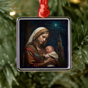 Ornement Carré Argenté Nativité de Noël Vierge Marie & Jésus