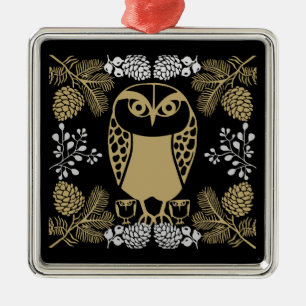 Ornement Carré Argenté Nature Owl Folk Art