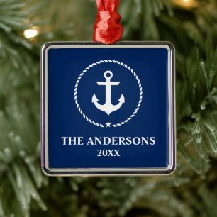 Ornement Carré Argenté Nautical Navy Blue Anchor Name Year