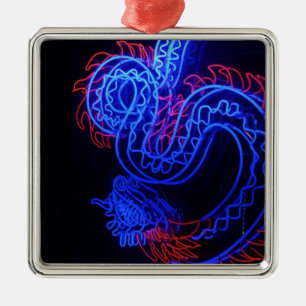 Ornement Carré Argenté Neon Blue Dragon Black Arrière - plan brillant