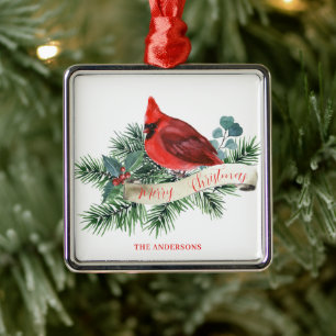 Ornement Carré Argenté Noël Cardinal Rouge Pine Berry Nom