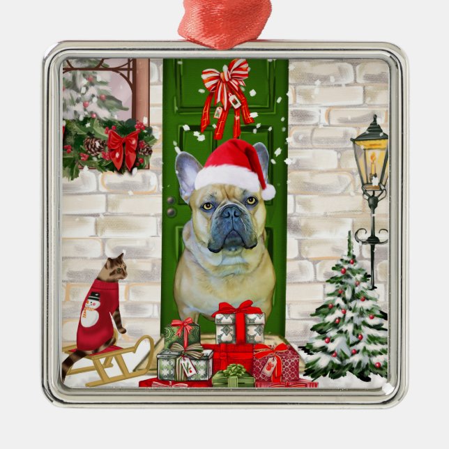 Ornement Carré Argenté Noël des Bulldog français (Devant)