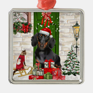 Ornement Carré Argenté Noël du chien Dachshund