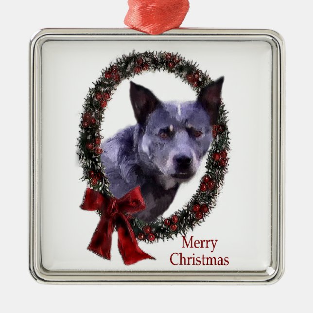 Ornement Carré Argenté Noël du chien de bétail australien (Devant)