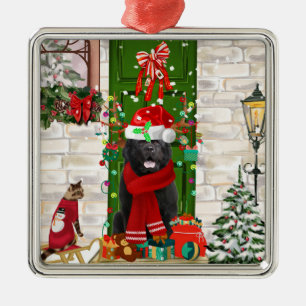 Ornement Carré Argenté Noël du chien de Terre-Neuve