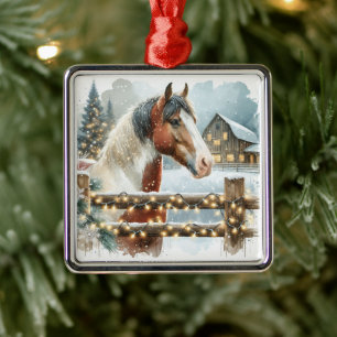 Ornement Carré Argenté Noël du pays Cheval Brown et Blanc