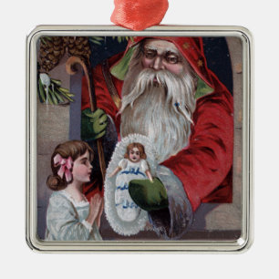 Ornement Carré Argenté Noël GreetingSanta donnant la poupée