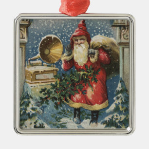 Ornement Carré Argenté Noël GreetingSanta et tourne-disque