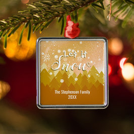 Ornement Carré Argenté Noël joyeux forêt enneigée or personnalisé