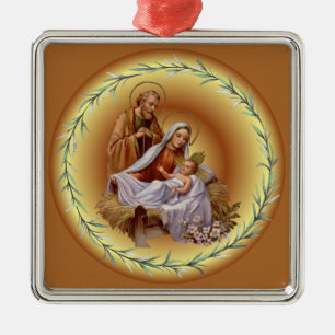 Ornement Carré Argenté Noël ~ La Sainte Famille ~ Nativité ~ * ~