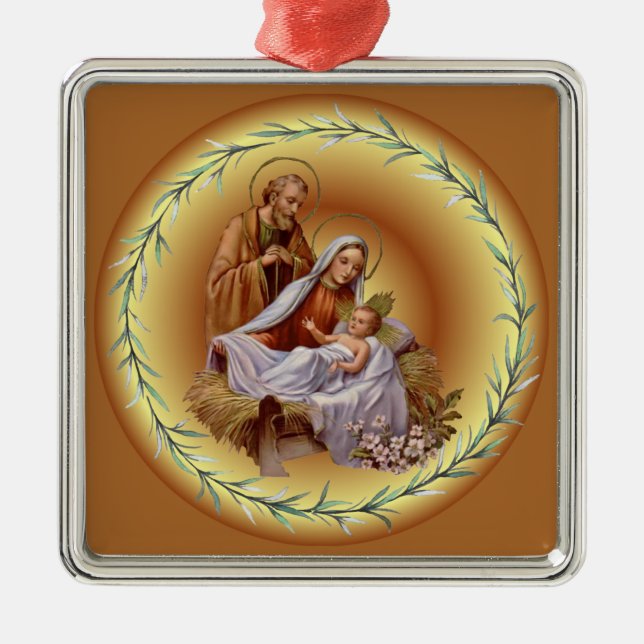 Ornement Carré Argenté Noël ~ La Sainte Famille ~ Nativité ~ * ~ (Devant)