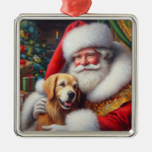 Ornement Carré Argenté Noël Père Noël avec Chiens 3